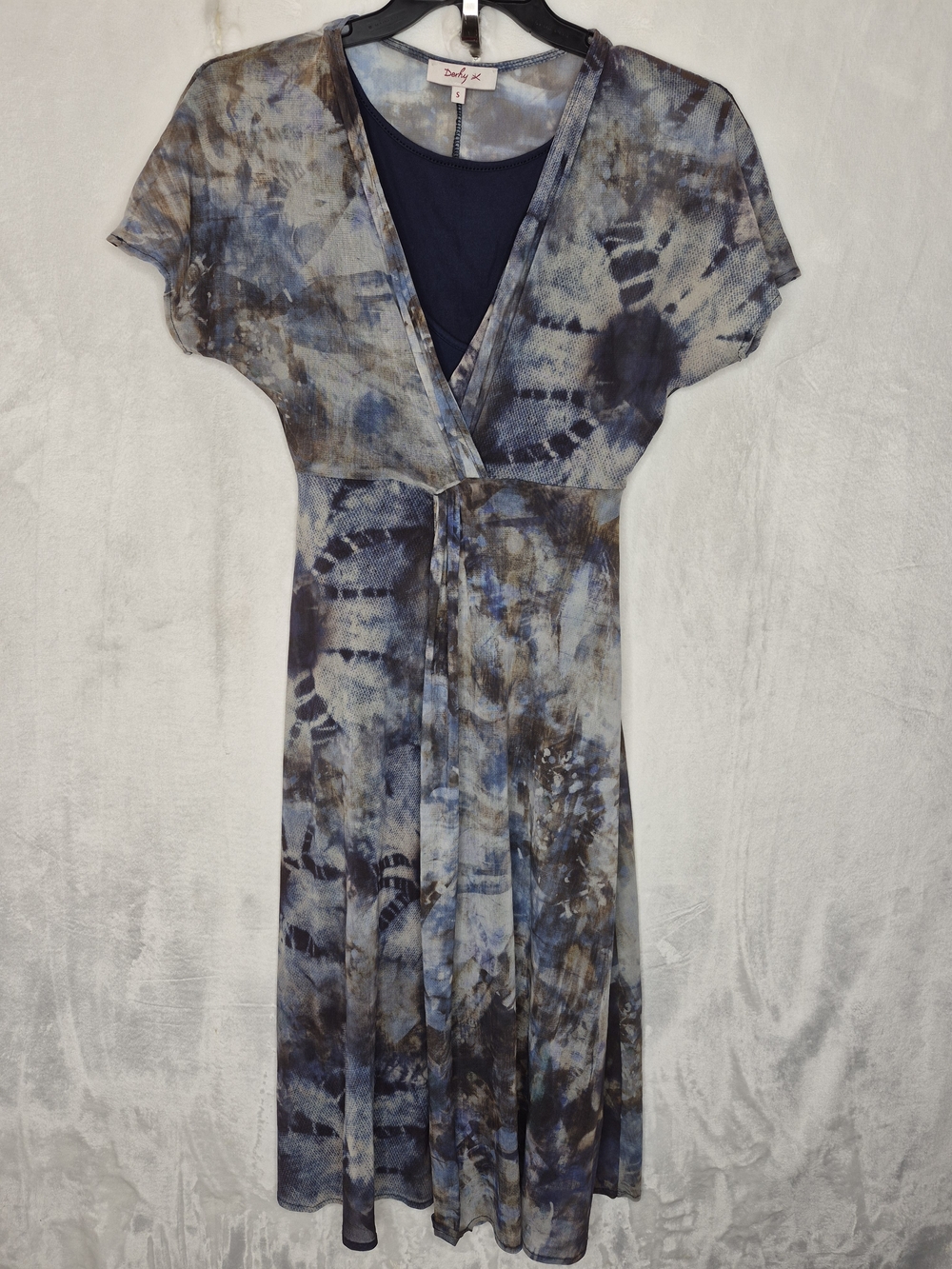 Derhy French Blue Tie Dye Mesh Faux Wrap Midi Dress Boho Womens Size Small